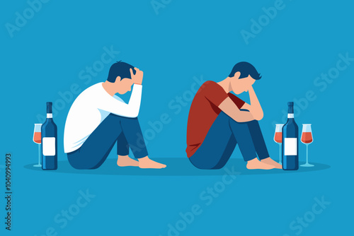 The struggles of alcoholism intertwined with the weight of depression, illustrating emotional turmoil isolated flat vector illustration.