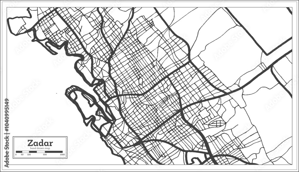 Naklejka premium Zadar Croatia City Map in Black and White Color in Retro Style. Outline Map.