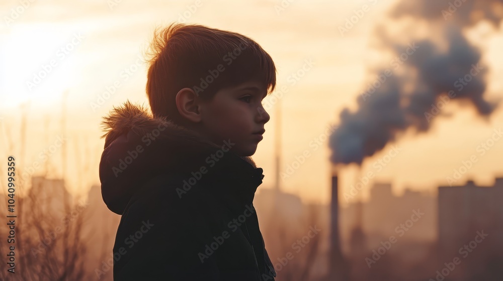 Fototapeta premium Child observing industrial factory emitting smoke, a commentary on pollution and environmental impact