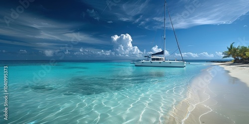 A sailboat is anchored in the ocean near a beach