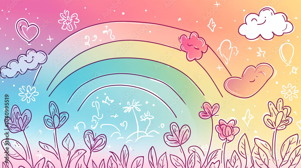 Fototapeta premium Colorful rainbow illustration with clouds and flowers on a pastel background