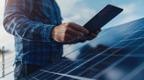 A renewable energy engineer assessing solar potential on a digital tablet, close-up on hands analyzing insolation data for solar energy projects