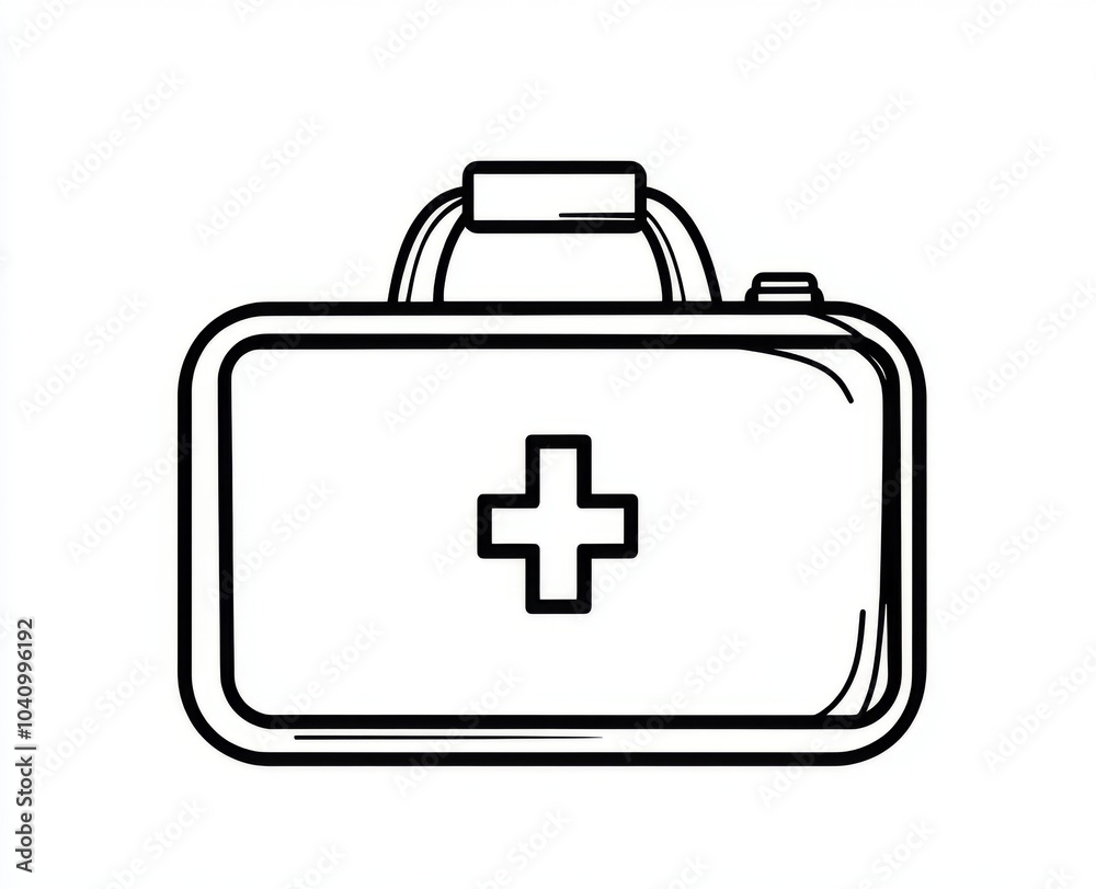 A minimalist illustration of a first aid kit box presented in a continual line drawing style. A minimalist illustration of a first aid kit box presented in a continual line drawing style.
