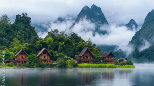 Isolated village on an island in a flowing river, wooden homes, tall grass surrounding, mountains in the background