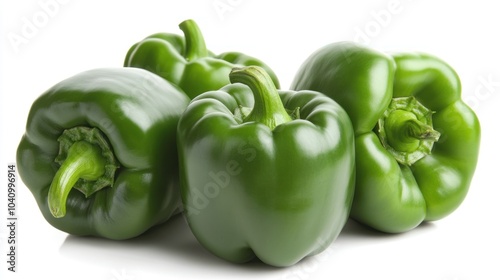 Four green bell peppers arranged together on a white background.