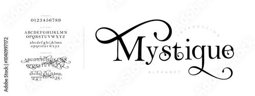 Mystique typography beauty fashion elegant minimalist serif italic fonts decorative wedding vintage retro logos. Minimal luxury font alphabet logo. Vector illustration