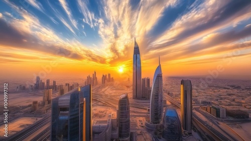 Captivating sunset over King Abdullah Financial District in Riyadh. photo