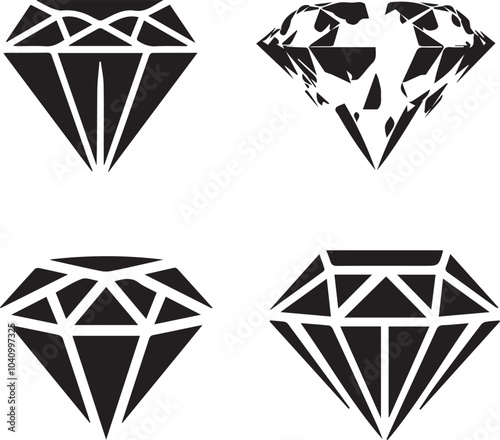  Diamond Silhouette Vector Icon Set - Gemstone Line Art Illustrations