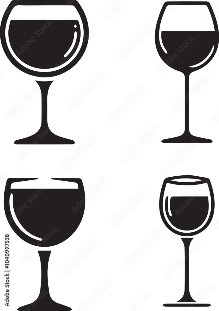 Wine Silhouette Icons - Black Wine Glass and Bottle Design Set Wine Silhouette Icons - Black Wine Glass and Bottle Design Set