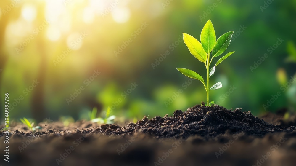 New life sprouting, tiny plant grows upwards in the soil small New life sprouting, tiny plant grows upwards in the soil small