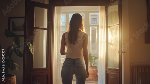 A woman stands in a doorway, illuminated by sunlight, embracing a serene moment.