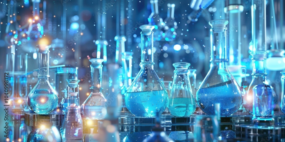 A collection of glass beakers and vials filled with various colored liquids A collection of glass beakers and vials filled with various colored liquids