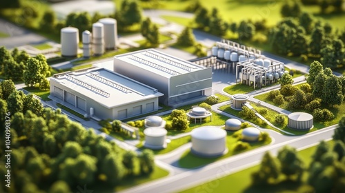 Intricately crafted architectural model, showcasing a modern factory design with sustainable green integration