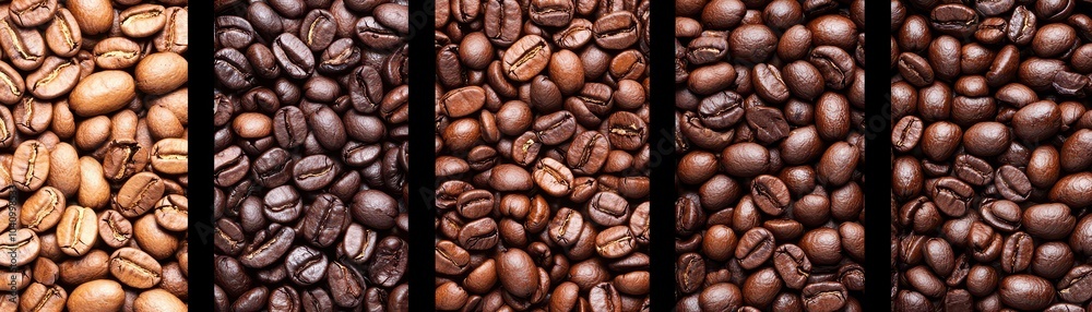 Various roasted coffee beans showcasing diverse colors and textures on a dark background. Various roasted coffee beans showcasing diverse colors and textures on a dark background.