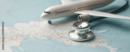 Airplane and Stethoscope on Map Scene