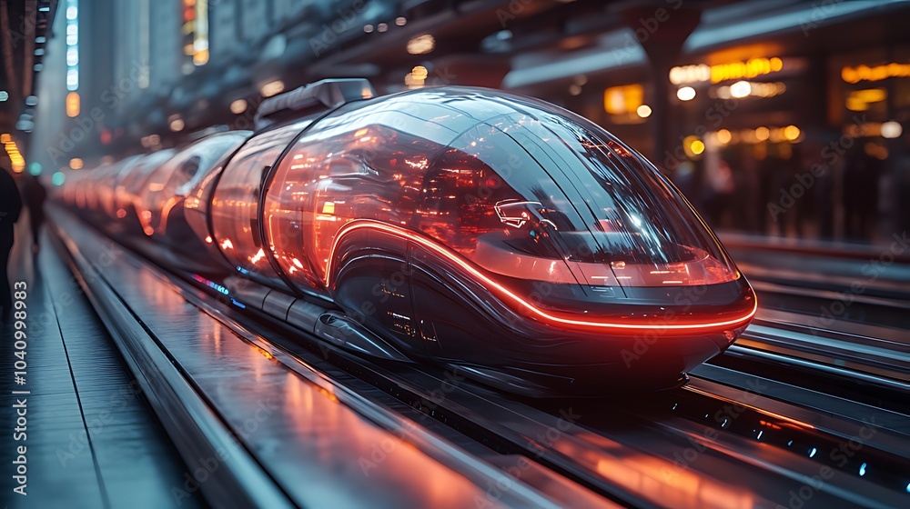 Fototapeta premium A futuristic train with a transparent pod design, lit with neon lights and moving along a track in a city.
