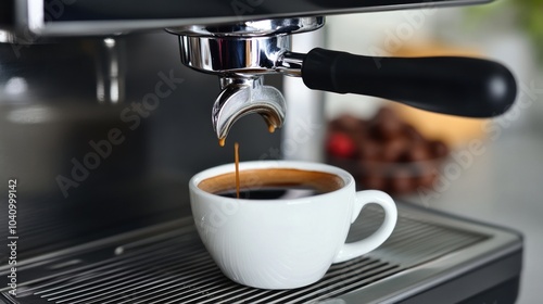 A close-up of espresso being brewed into a white cup from a coffee machine.