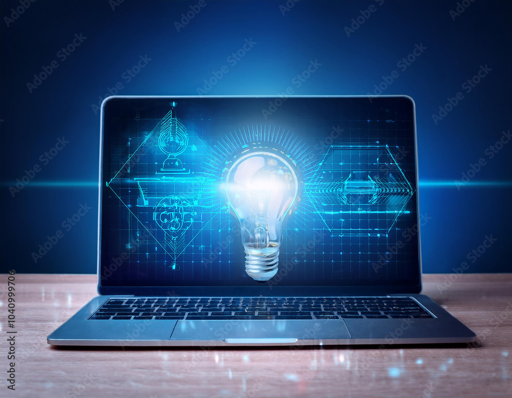 Creative light bulb hologram on modern laptop monitor. Concept of idea. Creative light bulb hologram on modern laptop monitor. Concept of idea.