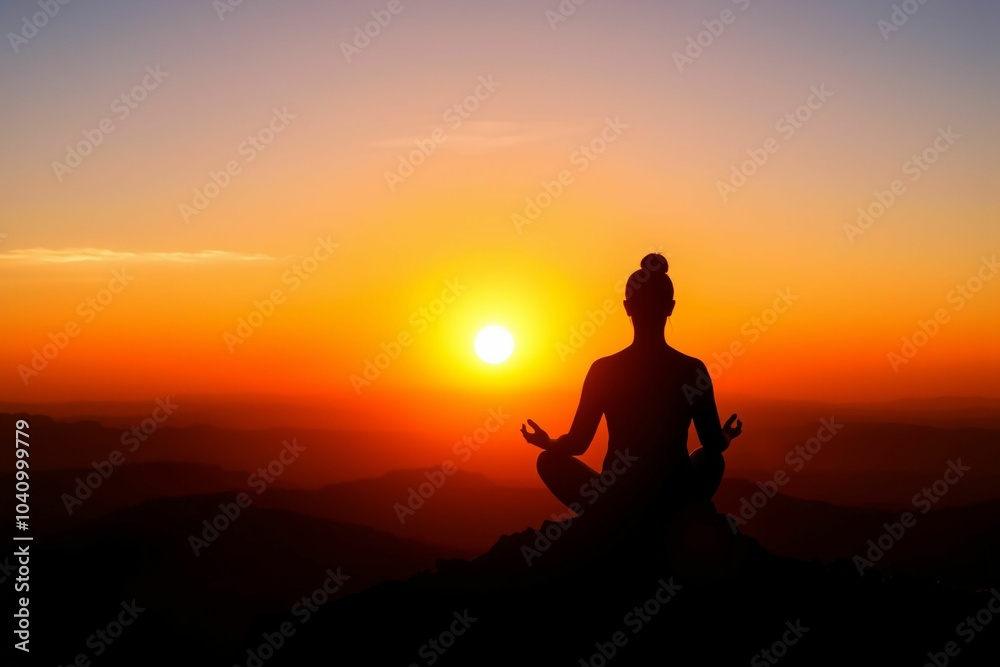 Person meditating on mountain at sunrise with peaceful landscape, generative AI
Person meditating on mountain at sunrise with peaceful landscape, generative AI