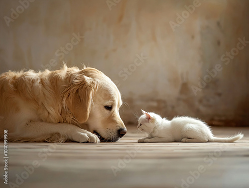 Dog and little kitten sniffing each other outdoors. Dog and Cat Playing Together.  photo