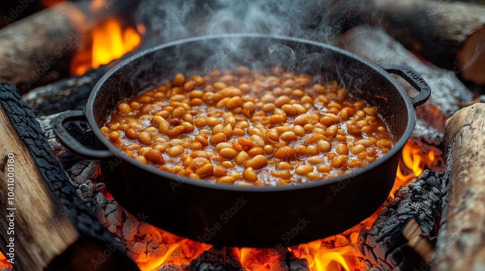 Rustic campfire beans simmering in a pot over an open fire, surrounded by logs, with inviting steam creating a warm, cozy atmosphere Rustic campfire beans simmering in a pot over an open fire, surrounded by logs, with inviting steam creating a warm, cozy atmosphere