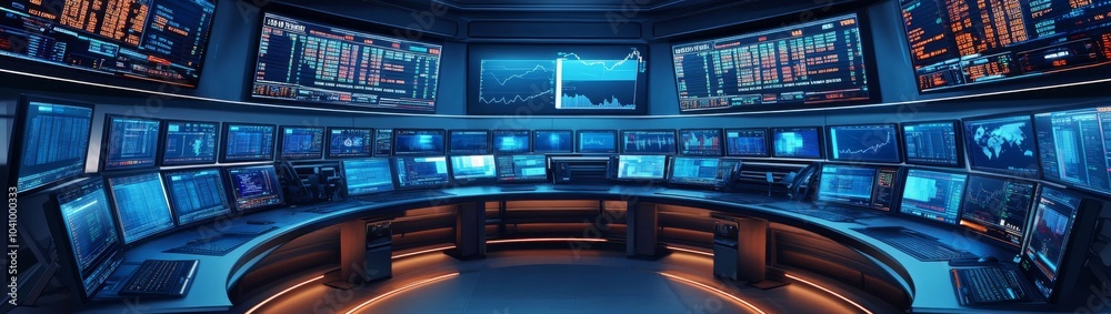 Computer monitors flood the display with real-time financial data.