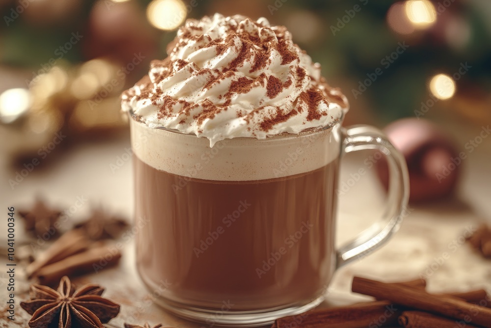Aromatic coffee drink with whipped cream and cinnamon sticks for christmas