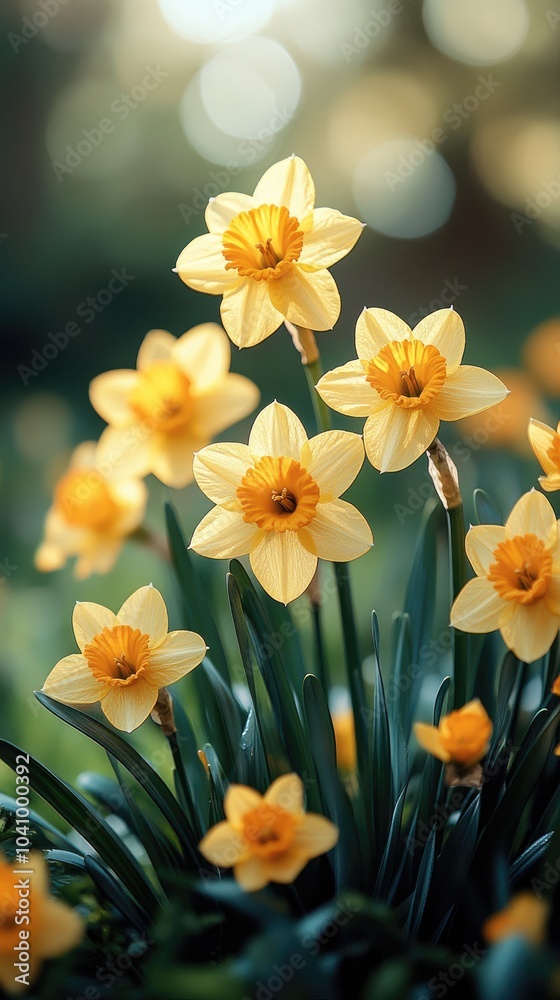 Fototapeta premium Yellow narcissus flowers blooming in spring garden