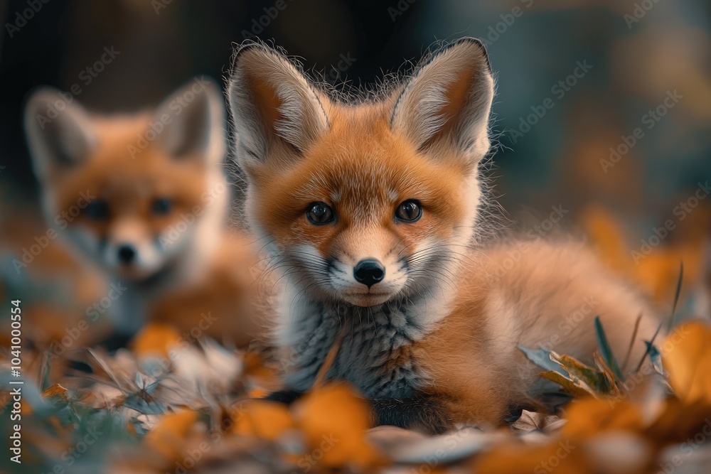 Obraz premium Two red fox cubs looking out from green bushes