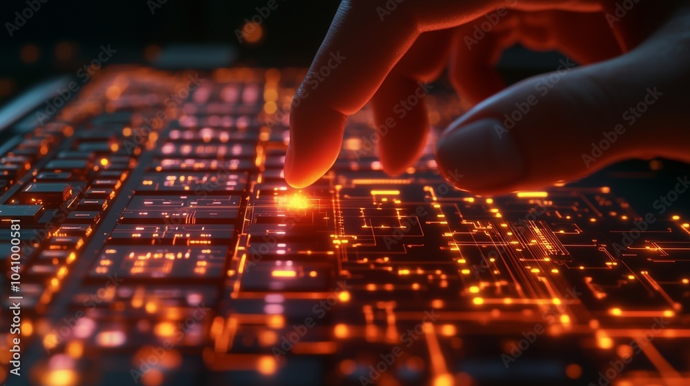 A hand hovering above the keyboard as digital circuits pulse and light up in sync with the motion of the fingers. A hand hovering above the keyboard as digital circuits pulse and light up in sync with the motion of the fingers.