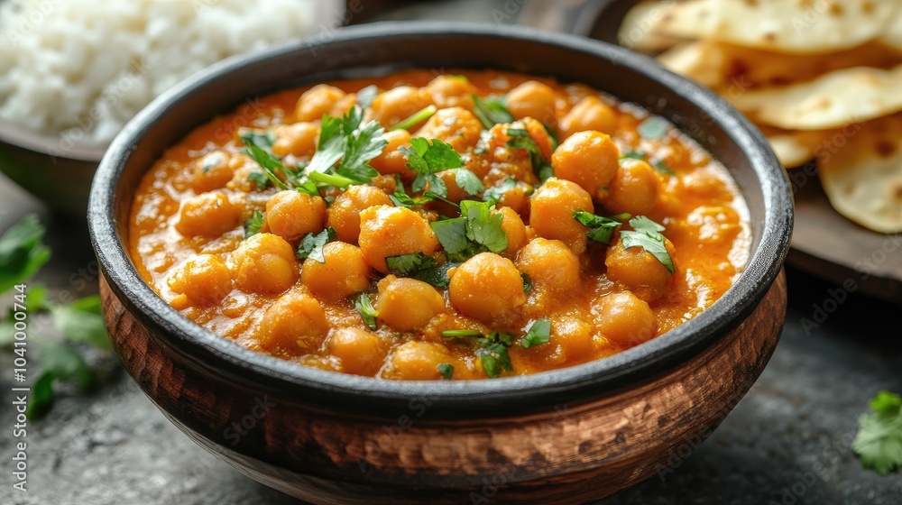 Bowl of chana masala sitting on rustic wooden table with naan and rice Bowl of chana masala sitting on rustic wooden table with naan and rice