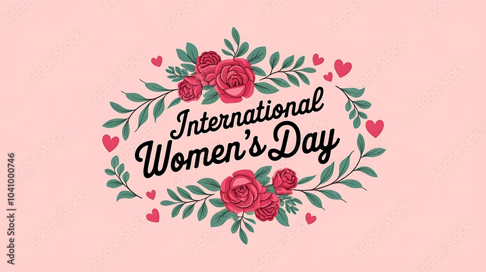 Pink Floral Wreath with International Women's Day Text Pink Floral Wreath with International Women's Day Text