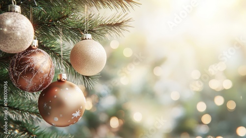 Closeup, sparkling ornaments adorn a festive christmas tree, capturing the holiday spirit photo