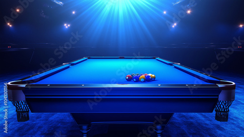 A pool table with a blue felt surface and colorful billiard balls, illuminated by a spotlight.