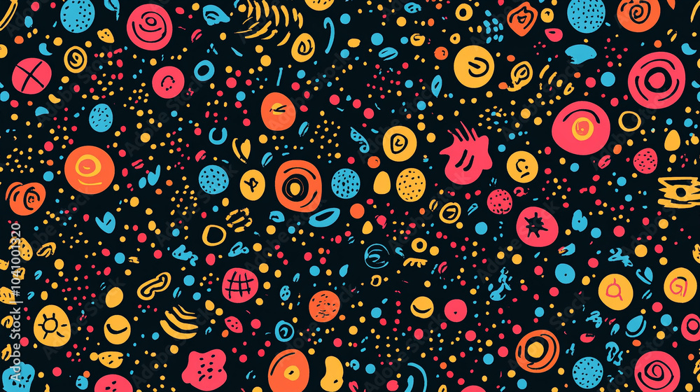 Colorful abstract design with circles and dots on a black background showcasing creativity Colorful abstract design with circles and dots on a black background showcasing creativity