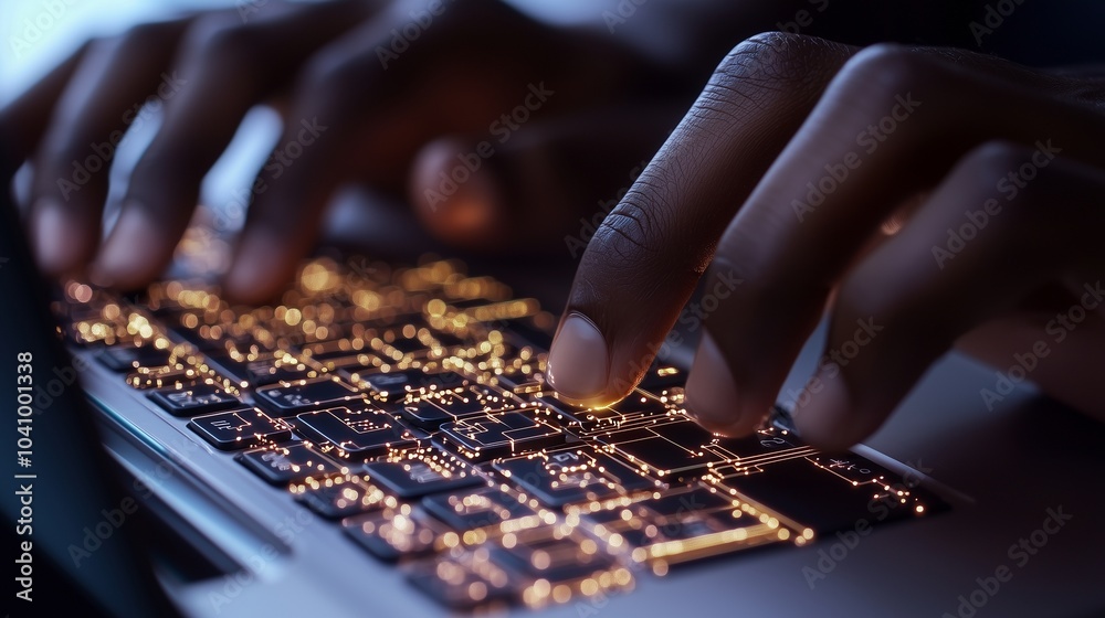 A high-resolution shot of hands typing on a laptop, with intricate circuits gently glowing around the keyboard. A high-resolution shot of hands typing on a laptop, with intricate circuits gently glowing around the keyboard.