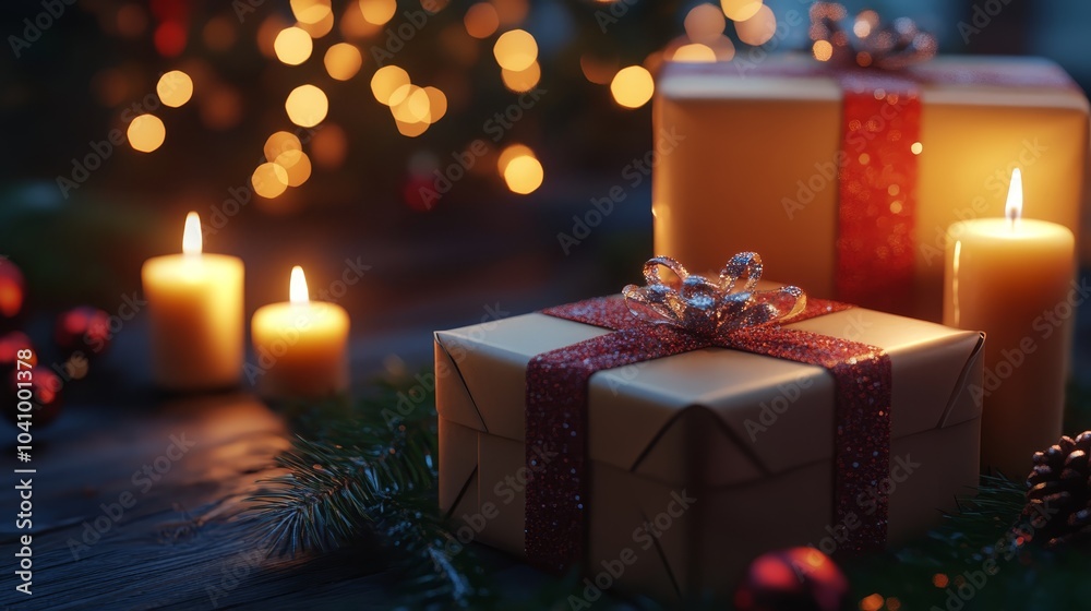 Romantic candlelight ambiance, red gift box and burning candles for celebration red Romantic candlelight ambiance, red gift box and burning candles for celebration red