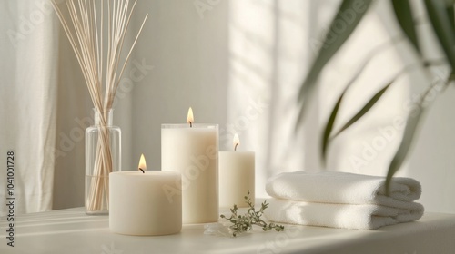 A serene arrangement of candles, towels, and decorative elements for relaxation.