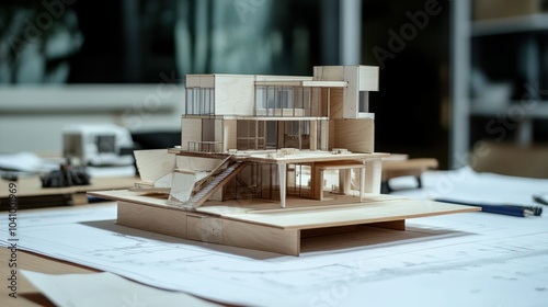 A detailed architectural model displayed on blueprints in a design workspace.