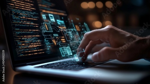 A software engineer's hand coding on a laptop with holographic circuits and data streams appearing in mid-air, following each keystroke.