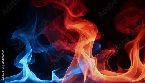 Fiery Dance: Blue and red flames intertwine, creating a mesmerizing spectacle of color and energy against a stark black backdrop.