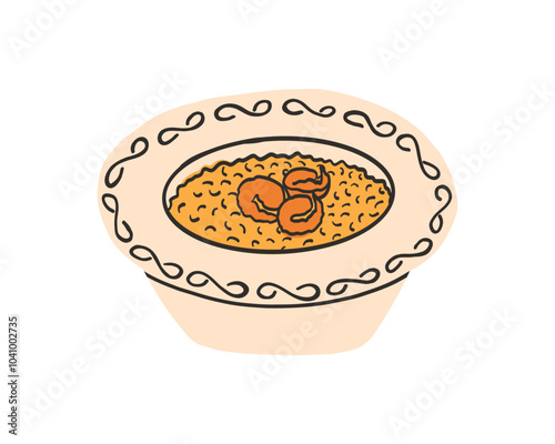 Italian seafood risotto in a flat style. Dish in a deep plate with ornament, handmade ceramics. Colorful bright vector illustration in modern style isolated on a white background