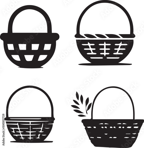 Basket Silhouette Icons - Black Shopping and Storage Basket Design Set