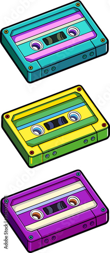 3 juicy retro audio cassettes on a white background. Turquoise, yellow and purple audiotapes 90s