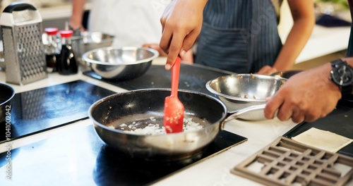 Photos Hands, cooking and stirring in kitchen, chef and group in hospitality, food and planning in restaurant