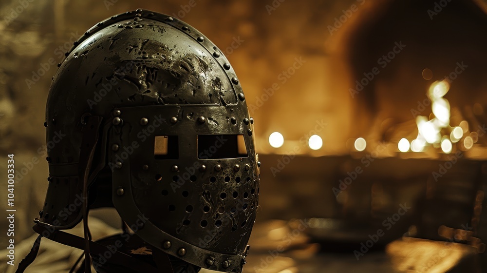 Fototapeta premium Medieval Knight Helmet on Stand in Dim Light