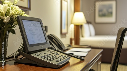 A desk with a phone, notepad, and flowers in a hotel room setting.