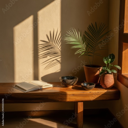 Minimalist study corner, Sunlit room, Potted palm plants, Terracotta pots, Wooden desk, Open book, Ceramic bowl, Dramatic shadows, Warm tones, Cozy atmosphere, Zen aesthetic, Indoor plants, Natural li