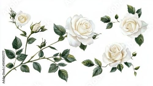 Elegant floral illustrations featuring white roses set against a pristine background.