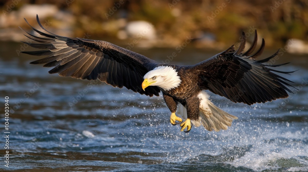 An eagle soaring above water, capturing its prey with precision. An eagle soaring above water, capturing its prey with precision.